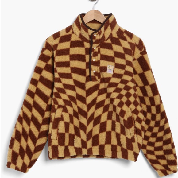 Women’s OBEY Wavy Check Popover fleece Jacket. Size Small. Brown / yello… - Picture 2 of 8